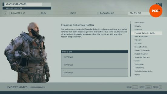 One of the many Starfield traits explained on-screen is the Freestar Collective Settler as shown during character creation.