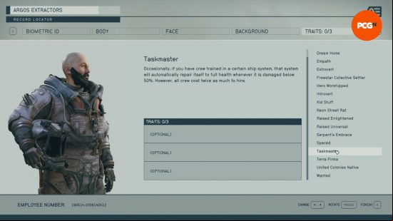 The Starfield Taskmaster traits as detailed in the character creation screen.