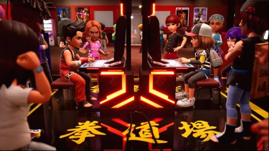 Several cute cartoon humans huddled around two arcade machines with two players fighting it out upon the Tekken 8 release date.