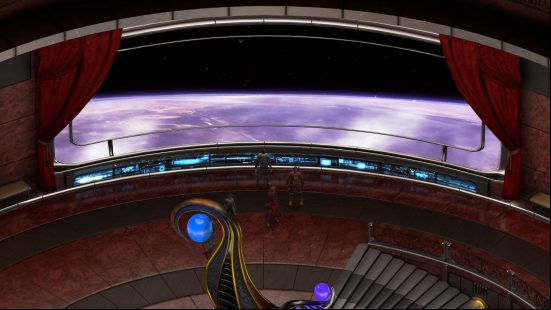 A group of characters stand in front of a spaceship  looking out over a purple planet