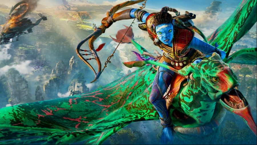A Na'Vi rides on the back of a large, green dragon-type creature in Avatar: Frontiers of Pandora.
