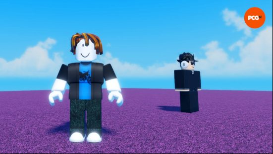 A Roblox character is standing next to a secret agent with headphones inside AFK world, which gives you coins far slower than Blade Ball codes.