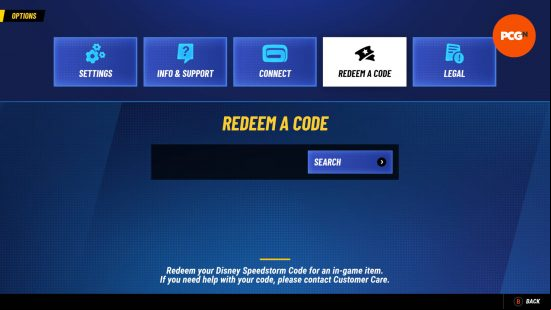 The redeem screen for Disney Speedstorm codes in the options menu.