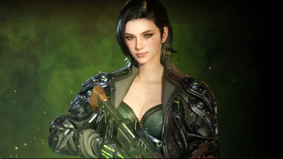 The First Descendant character Freyna stands holding a gun in front of a smoky green background.