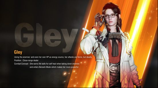 The First Descendant character inforgraphic for Gley, who holds her glasses.