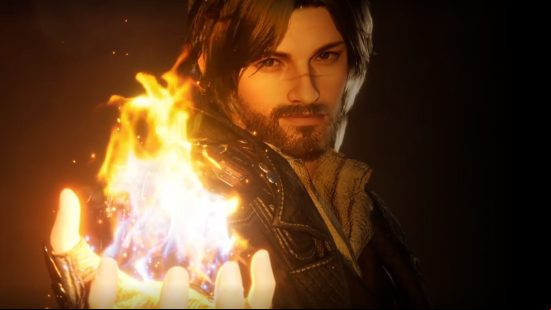 Blair, one of the First Descendant characters, holds his hand out in front of him, a smug look on his face as a flame bursts from his palm.