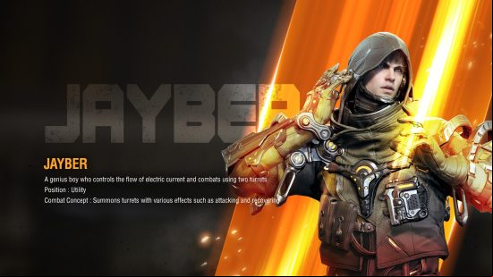 The First Descendant character infographic for Jayber, a young, blonde man wearing a hooded outfit..