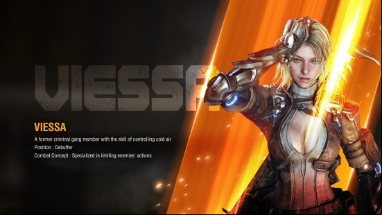 The First Descendant character infographic for Viessa, one of the Descendants you can choose at the start of the game.