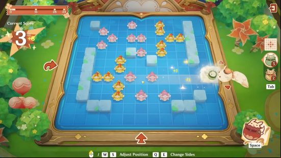 The puzzle board for Dodoco's Bomb-Tastic Adventure, one of the events in the Genshin Impact 4.1 release date, featuring a grid of water with Dodoco ready to pounce on fish at the edge.