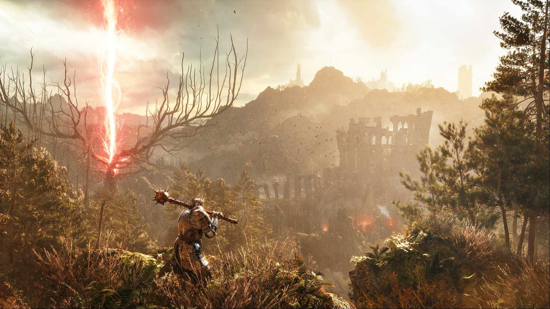 Lords of the Fallen Soulslike: A fantasy warrior surveys a huge landscape in Soulslike RPG game Lords of the Fallen