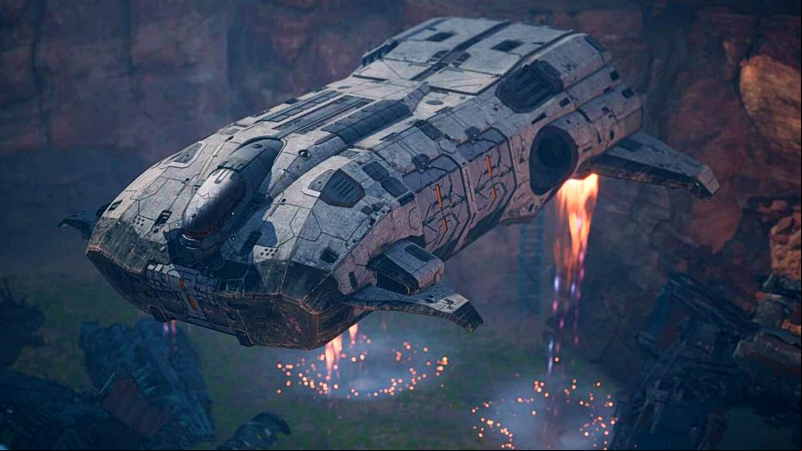 MechWarrior 5 Clans - A giant ship prepares to land.
