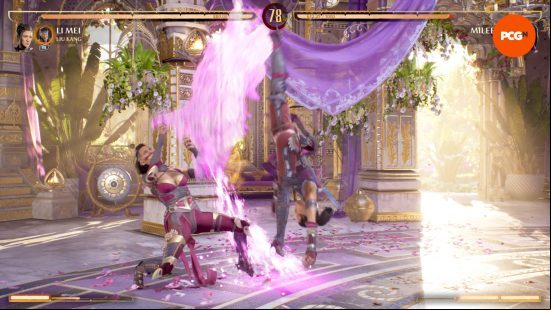 Mortal Kombat 1 review: Li Mei is fighting against Mileena who has succumbed to her Tarkat disease. They're fighting inside the Outworld palace.