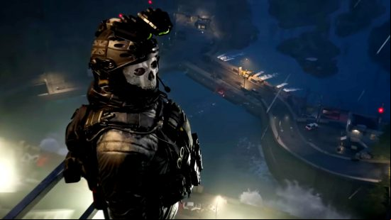 An upper body shot of MW3 character Ghost, played by Modern Warfare 3 voice actor Samuel Roukin, as he looks into the distance from a high vantage point, the world continuing far below him.