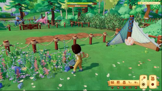 Best dinosaur games: a person wearing yellow dungarees tills their field.