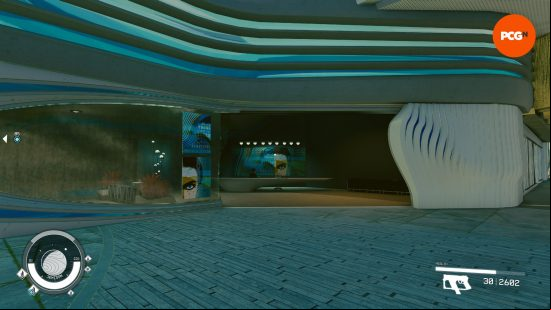 The facade of the Enhance genetic salon as it appears in New Atlantis, set back from the main promenade in the Commercial District but the easiest way to change appearance in Starfield.
