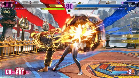 Best cross-platform games: Street Fighter 6. Image shows a violent fight between two people on coloured tiles with mountains in the background.