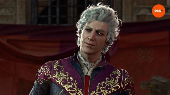 BG3 romance: a white-haired vampire dressed in a fine doublet.