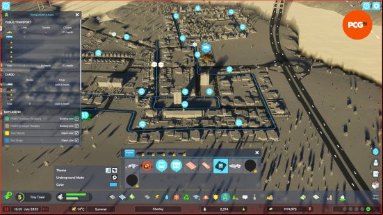 A map of the town, showing the bus route which is used to alleviate Cities Skylines traffic problems.