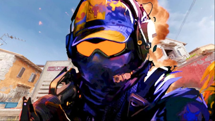A Counter-Strike 2 soldier in tactical gear in front of an explosion in Valve's FPS game.