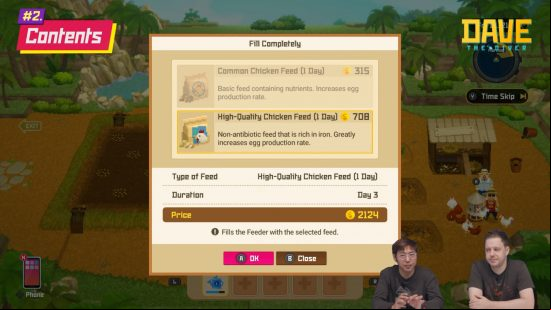 Dave the Diver October update - Farm menu showing new auto-feeding options for the chickens.