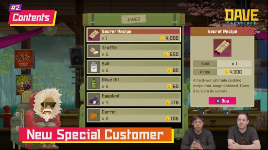 Dave the Diver October update - Menu for the new Wandering Merchant, who sells ingredients and 'secret recipes' to you.