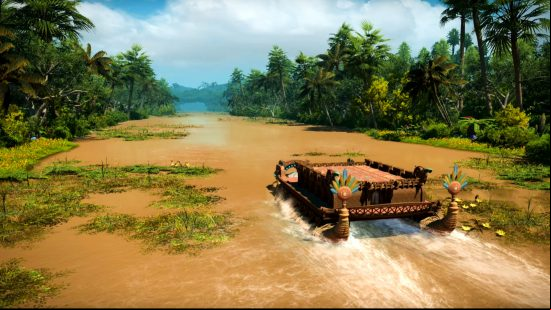 FFXIV Dawntrail dungeons - An open-topped raft travels down a wide river between two rows of thick forest.