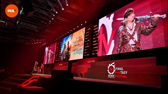 FFXIV Fanfest London - Game director Naoki Yoshida on stage dressed as the FFXIV Viper, the new melee DPS job.