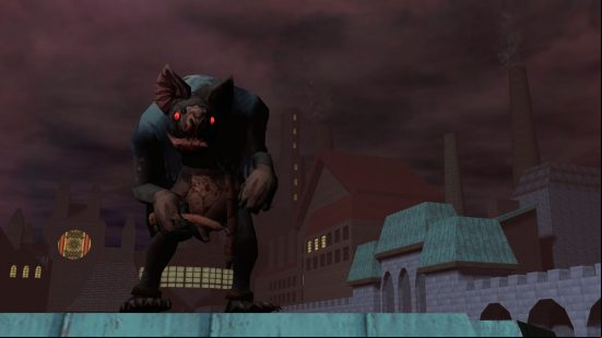 Gloomwood update: a gargoyle stood atop a roof