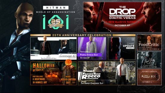 Hitman World of Assassination - Graphic showing 25th anniversary celebration events, including a new Elusive Target and an update on October 26, 2023.