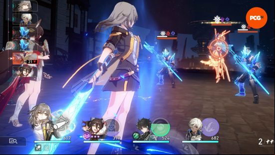 A silver haired girl holding a glowing blue baseball bat behind her with one hand wearing a black combat jacket with gold trim and matching shorts stands in front of two glowing blue and red enemies in a city area