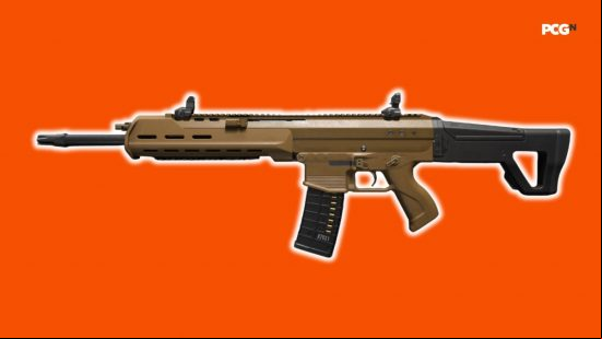Best MW3 assault rifles: a beige assault rifle with glowing edges, on an orange background.