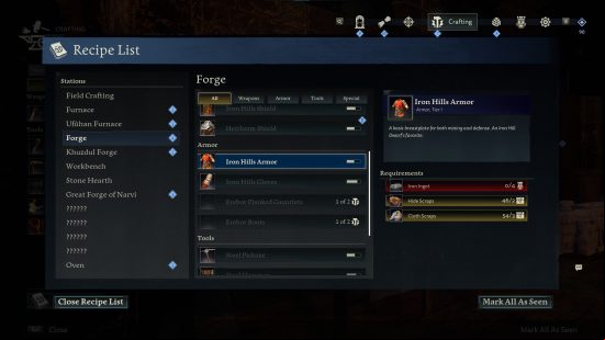 A list of unlocked armor recipes in the player's crafting menu in Return to Moria.