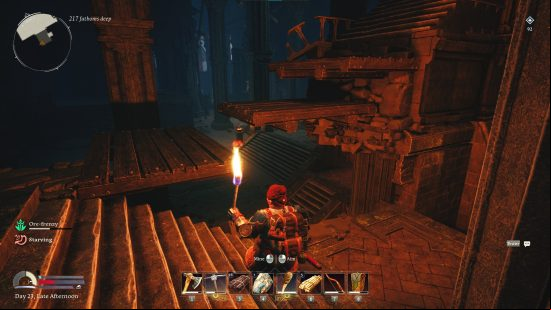 The player stands before three platforms, leading up to where you must fix the Return to Moria Great Forge of Narvi.