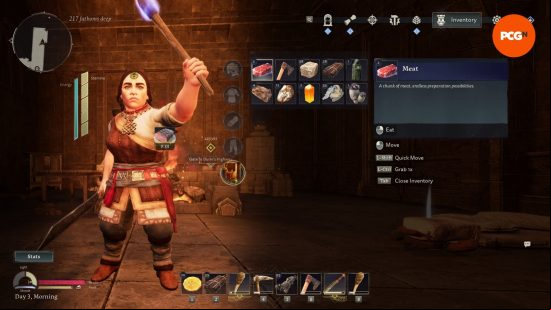 The Return to Moria hotbar is shown at the bottom of the screen while the main inventory is open above it