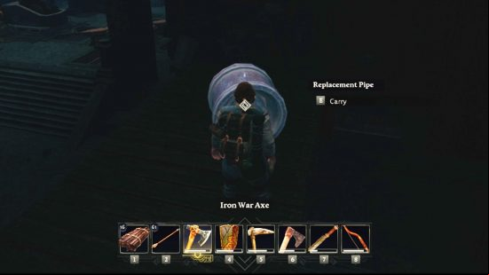 A player looks at the Return to Moria replacement pipe needed to fix the Great Forge of Narvi.