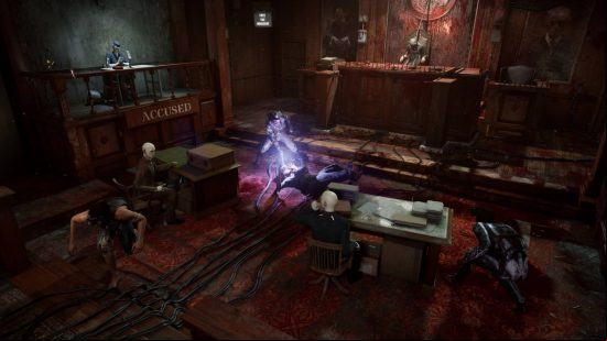 A character using an electric stun baton on another in a courtroom setting covered in blood and grime