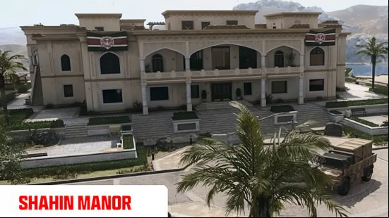 The large Shahin Manor with flags flying in front of it from the Warzone Urzikstan map.