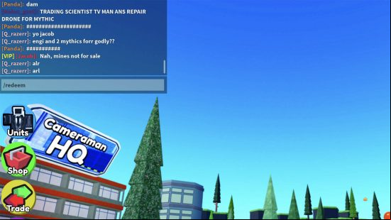 A screenshot from Toilet Tower Defense showing the potential code redeem method using a chat command.
