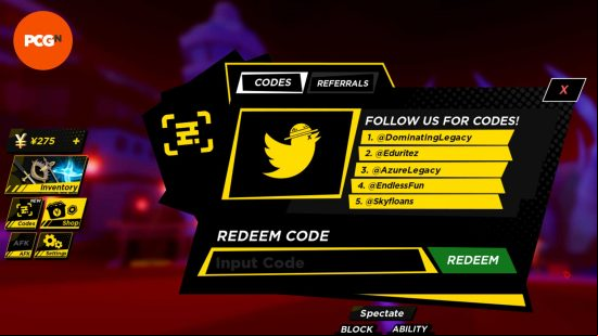 The code redeem screen in Anime Ball on Roblox.