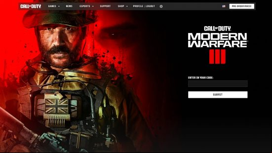 The Call of Duty redeem code page for redeeming MW3 codes.