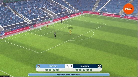 A goalkeeper taking a penalty in a penalty shootout, which has gone to 10-9 in the score