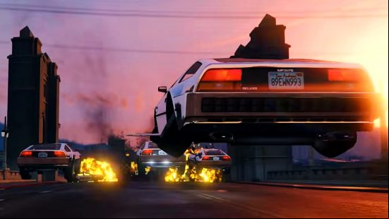 GTA Online The Doomsday Heist - Four flying cars take off from a highway.