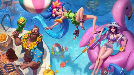 Best MOBAs: a bunch of friends hang around the pool, one bearded pal is grilling meat on a bbq.
