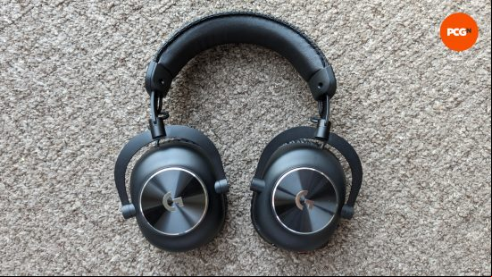 The Logitech G Pro X 2 Ligthspeed wireless gaming headset laid flat on a carpet