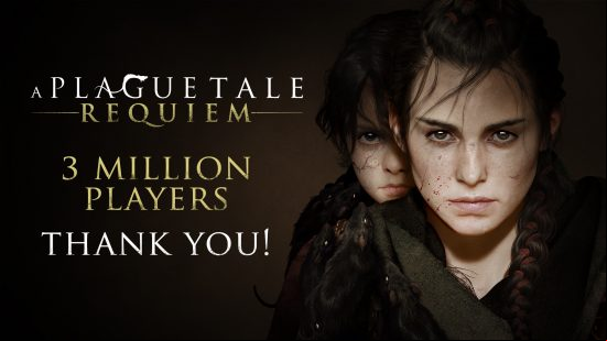 Amicia and Hugo from A Plague Tale looking forward, with the words "3 Million Players! Thank You!"