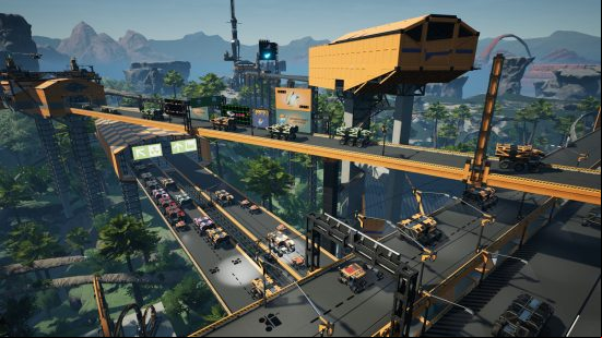 Games like Minecraft: overlapping highways of conveyor belts, all carrying cars.