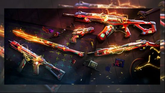 The four gun and one melee skins that make up the Overdrive set of Valorant skins. 