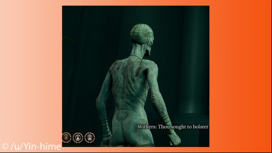 Baldur's Gate 3's Withers with no clothes on.
