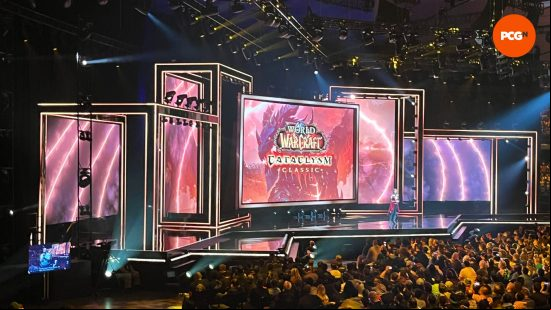 A picture of the BlizzCon 2023 stage showing off World of Warcraft Cataclysm Classic