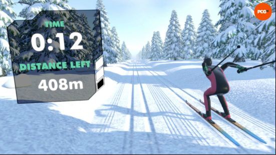 A screenshot of a person skiing down a slope in Cross Country Skiing VR.